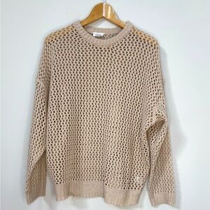 LE LIS Open Work Sweater M Tan Mesh Knit Pullover Lightweight Relaxed Fit